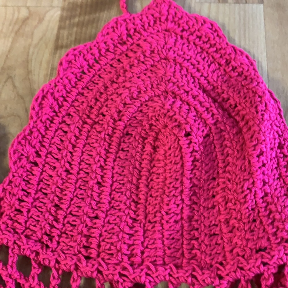 Fuchsia Raspberry Fringe Hem Crochet Tie Top - Picture 11 of 16